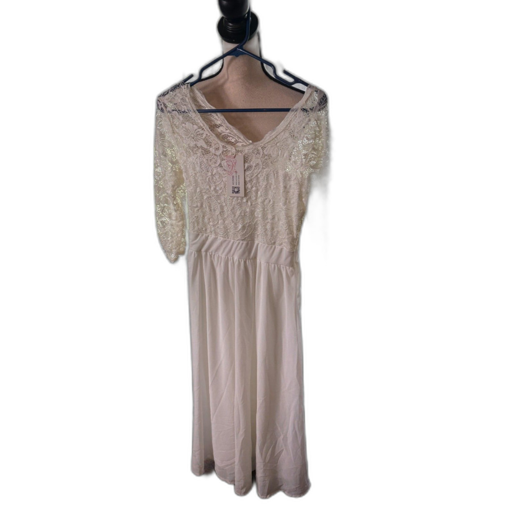 ACEVOG Ivory Lace Maxi Dress Boho Bridal Medium NWT